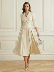 Big Hemline Pleated Solid Color Split-Joint A-Line Elasticated Waist Notched Collar Midi Dresses Blazer