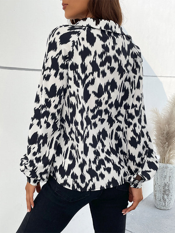 Buttoned Leopard Long Sleeves Loose Lapel Blouses&Shirts Tops