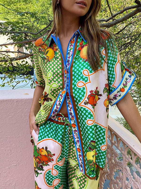 Contrast Color Floral Printed Loose Short Sleeves Lapel Shirt Top&Pants Two Pieces Set