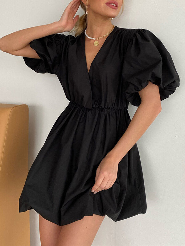 Solid Color Loose Puff Sleeves V-Neck Mini Dresses