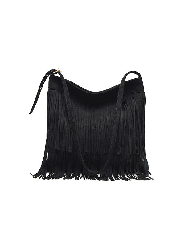 Hollow Solid Color Tasseled Zipper Handbags Crossbody Bags