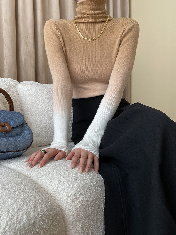 Gradient Long Sleeves Skinny High-Neck Sweater Tops Pullovers
