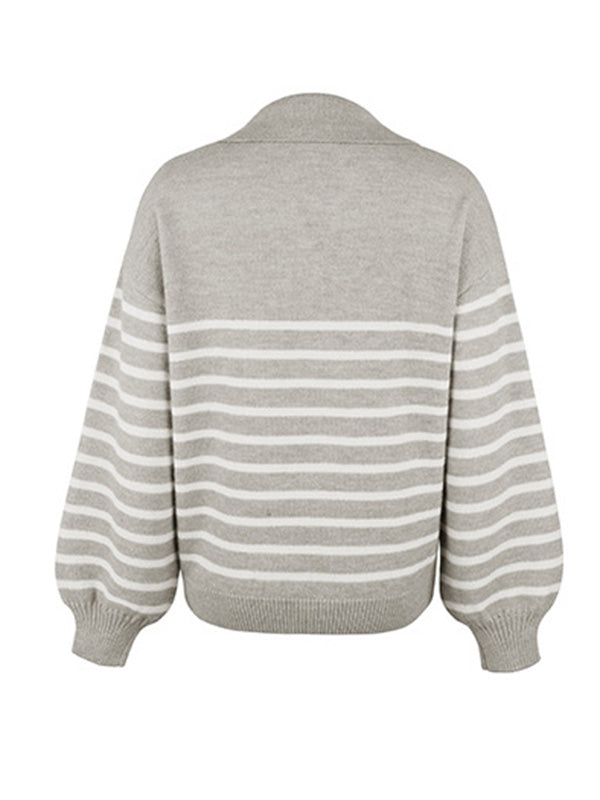 Casual Long Sleeves Loose Striped Lapel Collar Sweater Tops