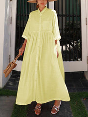 Buttoned Pleated Pockets Split-Joint Striped A-Line Half Sleeves Lapel Maxi Dresses