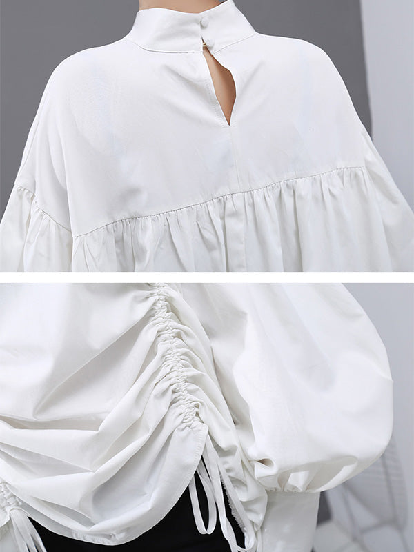 Drawstring Cropped Loose Stand Collar Shirt