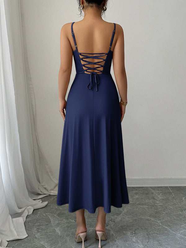 Backless Pleated Solid Color A-Line High Waisted Spaghetti-Neck Midi Dresses