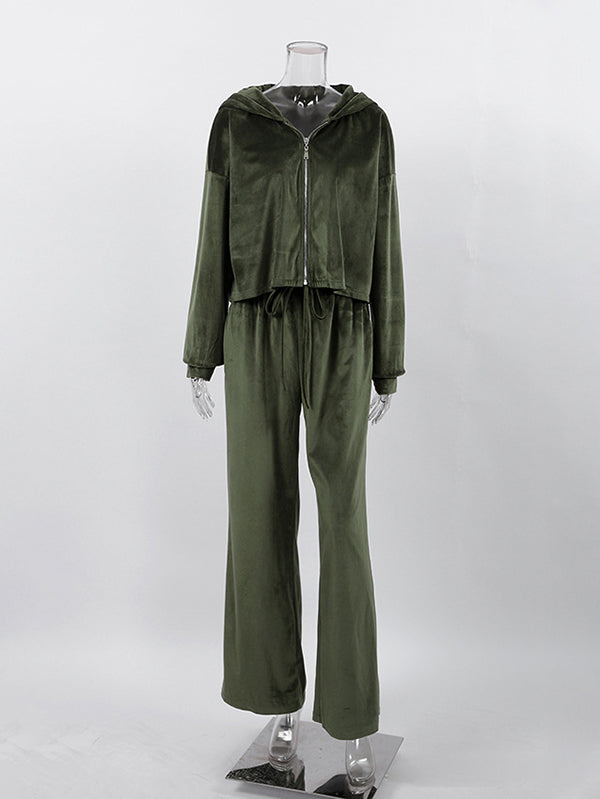 Hooded Velvet Zipper Long Sleeves Solid Color Sweatshirt Top + Drawstring Elasticity Pockets Pants Bottom Two Pieces Set