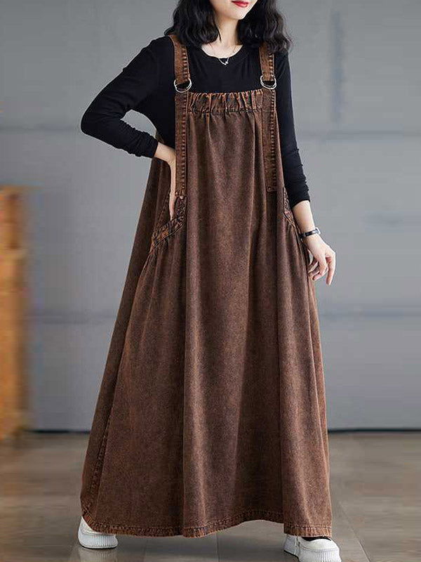 Pleated Pockets Solid Color Split-Joint A-Line Loose Spaghetti-Neck Suspender Dress