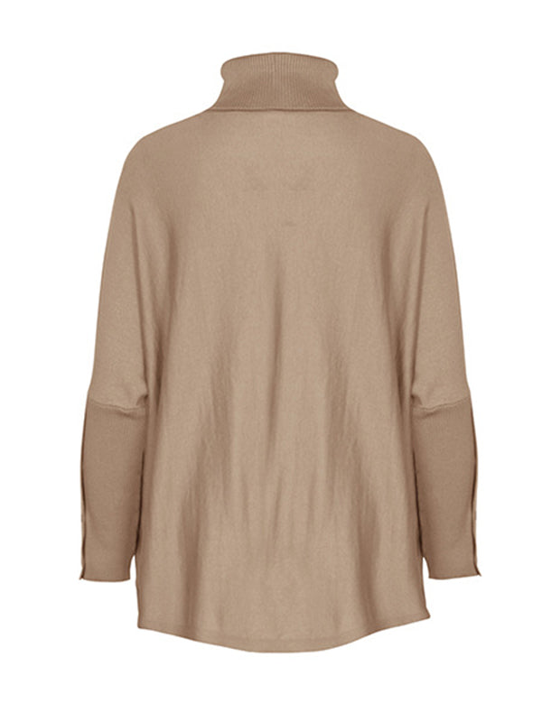 Buttoned Solid Color Split-Joint Batwing Sleeves Long Sleeves High Neck Sweater Tops Pullovers