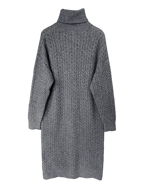 Stylish Loose Long Sleeves Solid Color High-Neck Twist Sweater Dresses