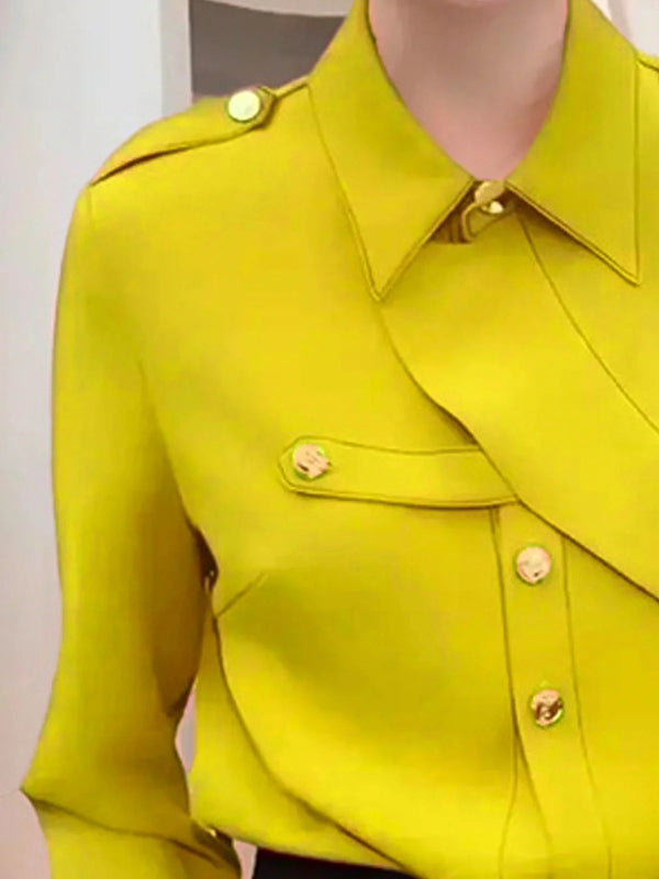 Asymmetric Buttoned Long Sleeves Loose Lapel Blouses&shirts Tops