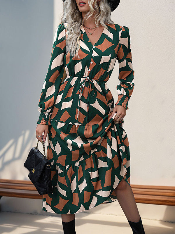 Buttoned Elasticity Pleated Printed Split-Joint Tied Waist A-Line Long Sleeves V-Neck Midi Dresses