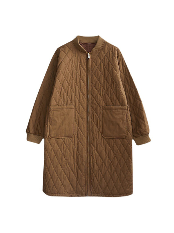 Pockets Quilted Solid Color Zipper Long Sleeves Loose Stand Collar Padded Coat