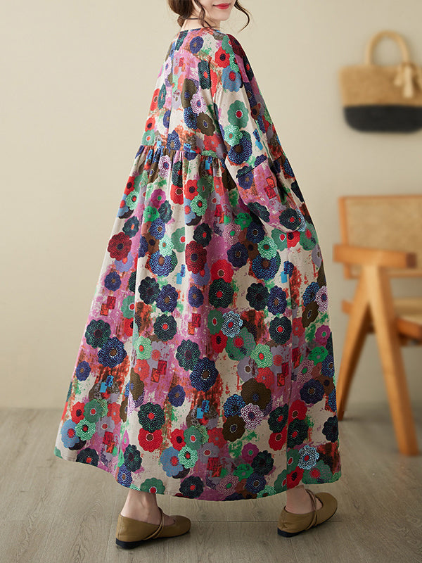 Flower Print Pockets Split-Joint Long Sleeves Loose Round-Neck Midi Dresses