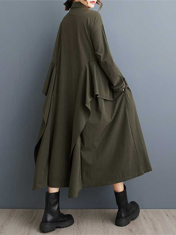 Buttoned Pockets Ruffle Trim Solid Color A-Line Long Sleeves Lapel Midi Dresses