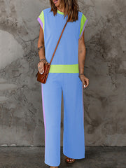 Contrast Color Split-Joint Loose Raglan Sleeve Round-Neck T-shirt Top + Elasticity Pockets Pants Bottom Two Pieces Set