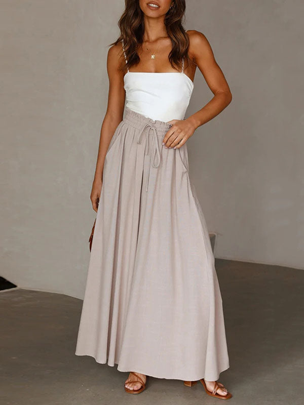 Drawstring Elasticity Pockets Solid Color High Waisted Loose Trousers Pants