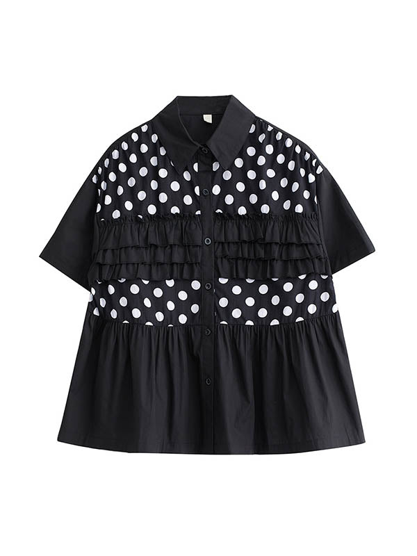 Contrast Color Pleated Polka-Dot Split-Joint Loose Short Sleeves Lapel Blouses