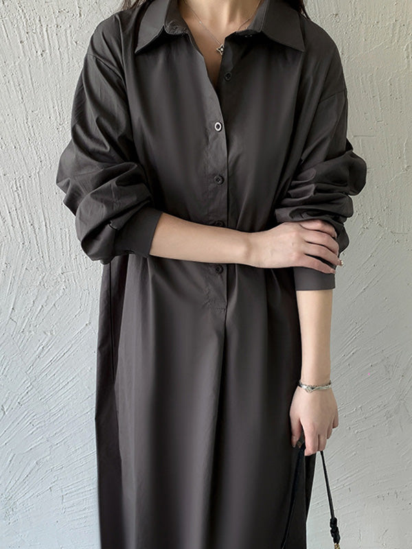 Urban Loose Solid Color Lapel Collar Shirt Midi Dresses