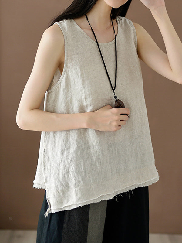 Fringed Solid Color Loose Sleeveless Round-Neck Vest Top
