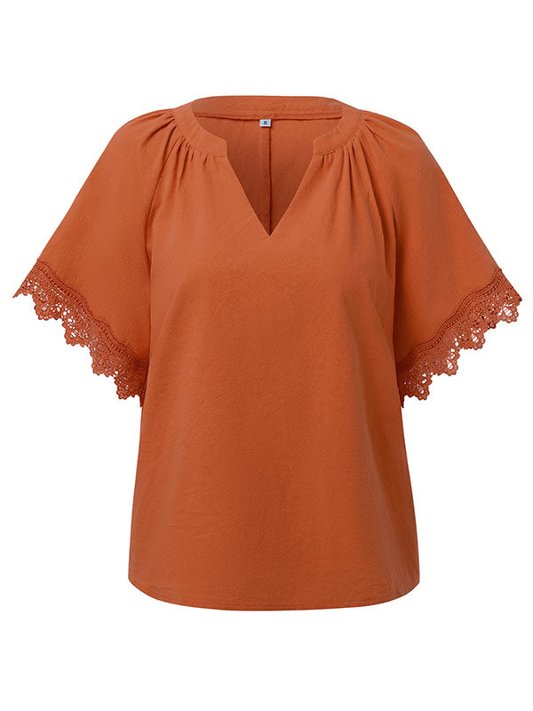 Solid Color Split-Joint Loose V-neck T-Shirts Tops