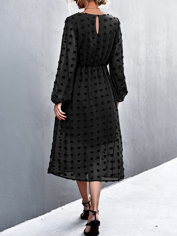 Elasticity Hollow Jacquard Solid Color High Waisted Long Sleeves Round-Neck Midi Dresses