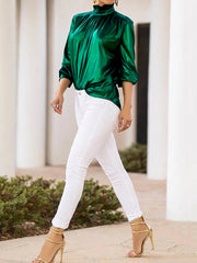 Shiny Solid Color Loose Three-quarter Sleeves High-neck Blouses&shirts Tops