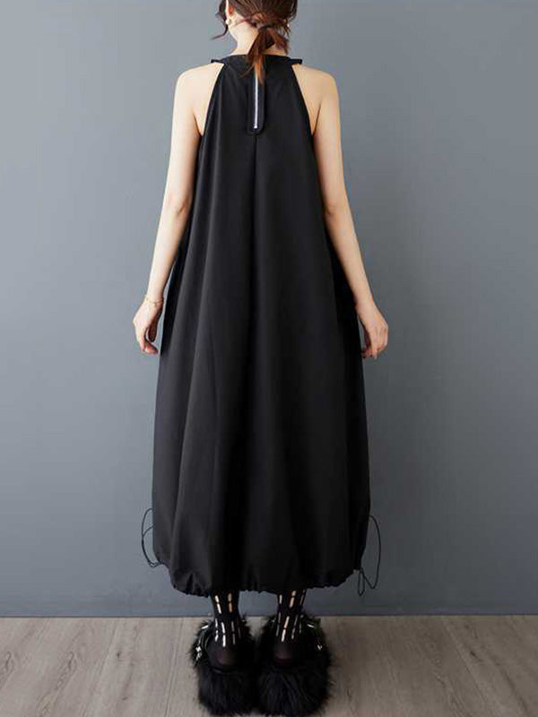 Drawstring Pleated Pockets Solid Color Zipper A-Line Loose Spaghetti-Neck Midi Dresses