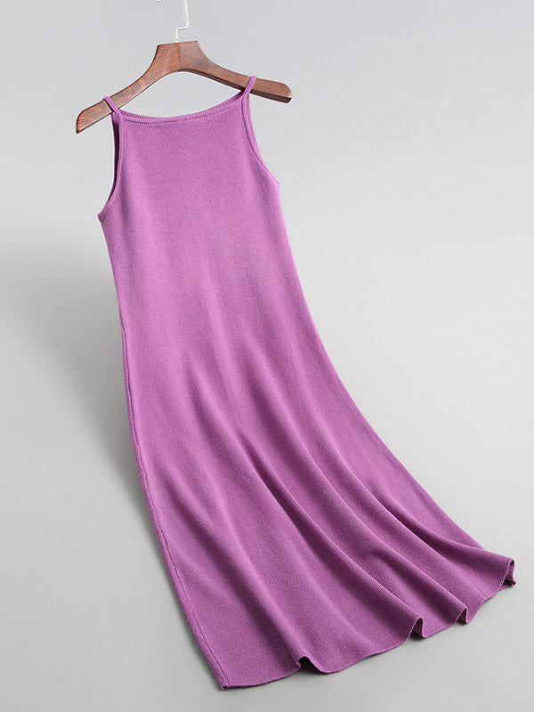 Solid Color A-Line High Waisted Spaghetti-Neck Midi Dresses
