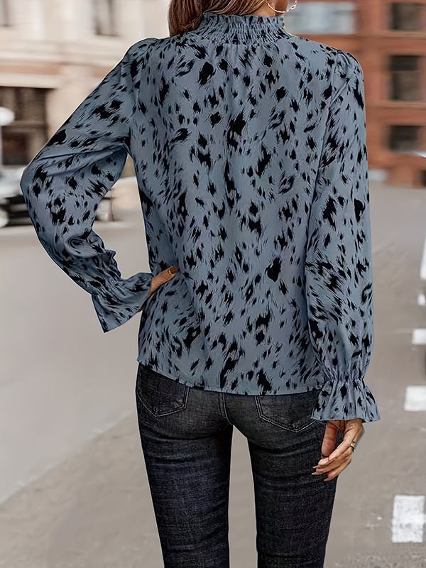 Elasticity Pleated Printed Flared Sleeves Long Sleeves Mock Neck Blouses&Shirts Tops