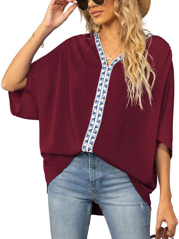 Split-Joint Batwing Sleeves Loose V-neck Blouses&shirts Tops