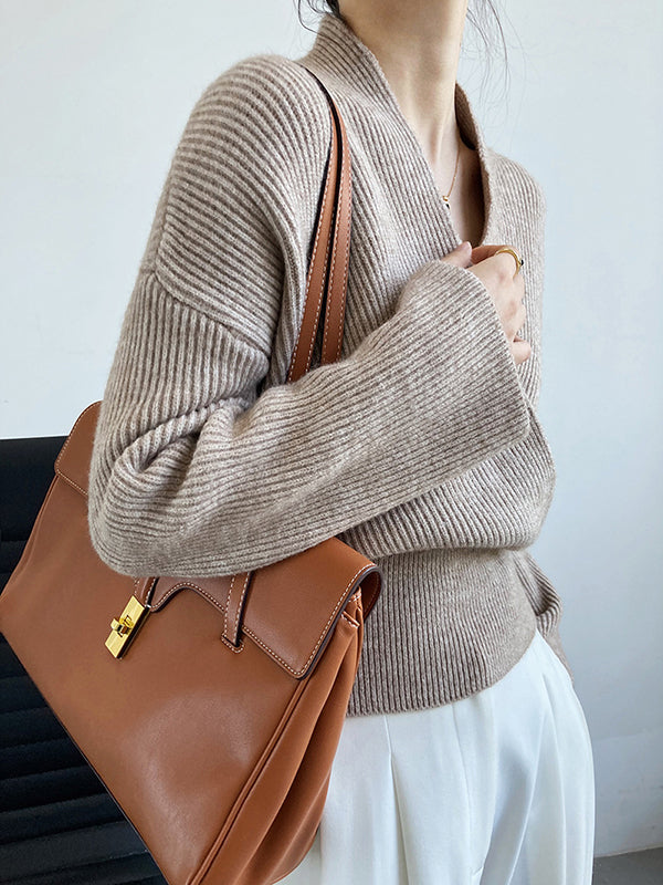 Casual Long Sleeves Loose Solid Color Cross V-Neck Sweater Tops