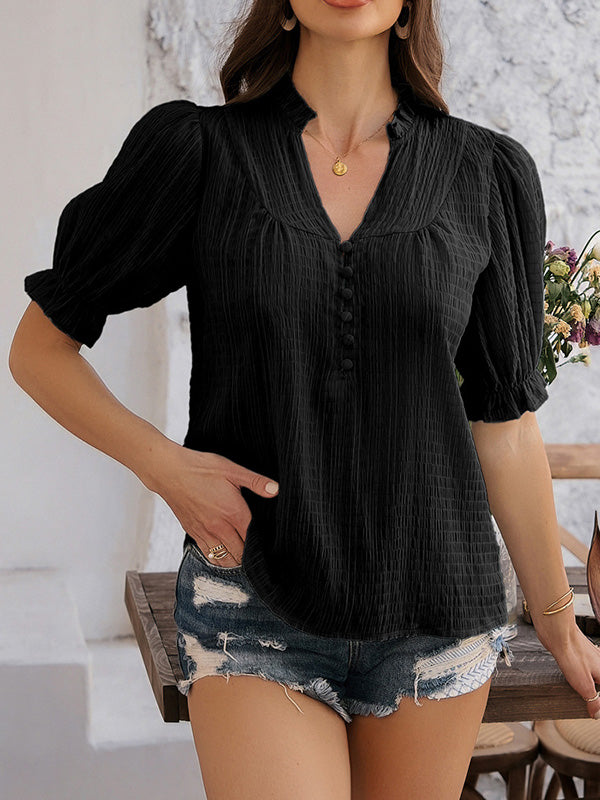 Buttoned Ruffle Trim Solid Color Flared Sleeves Half Sleeves V-neck Blouses&shirts Tops