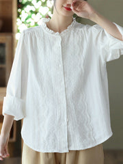 Embroidered Long Sleeves Loose Round-Neck Blouses&Shirts Tops