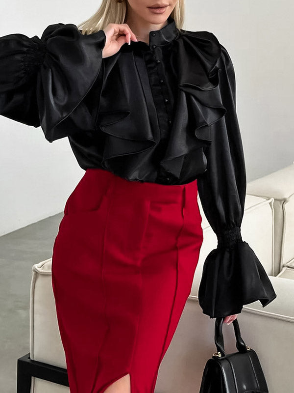 Falbala Solid Color Split-Joint Flared Sleeves Loose Stand Collar Blouses&Shirts Tops