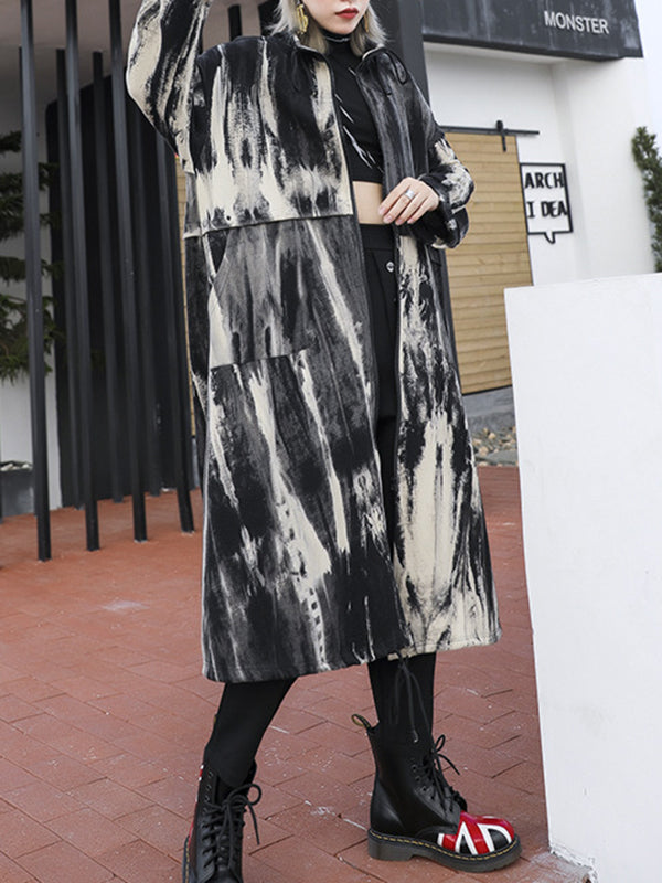 Drawstring Split-Joint Zipper Long Sleeves Loose Round-Neck Trench Coats