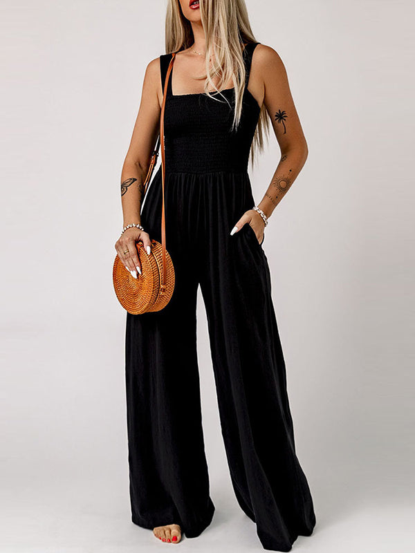 Pleated Solid Color Sleeveless Wide Leg Square-Neck Jumpsuits