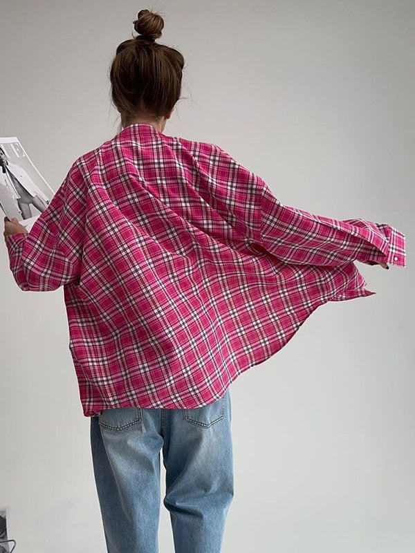 Buttoned Plaid Pockets Long Sleeves Loose Lapel Blouses&Shirts Tops