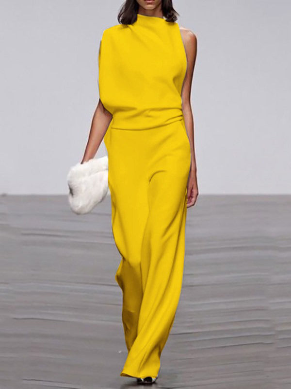 Urban Asymmetric Solid Color One Shoulder Top And Pants Set