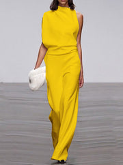 Urban Asymmetric Solid Color One Shoulder Top And Pants Set