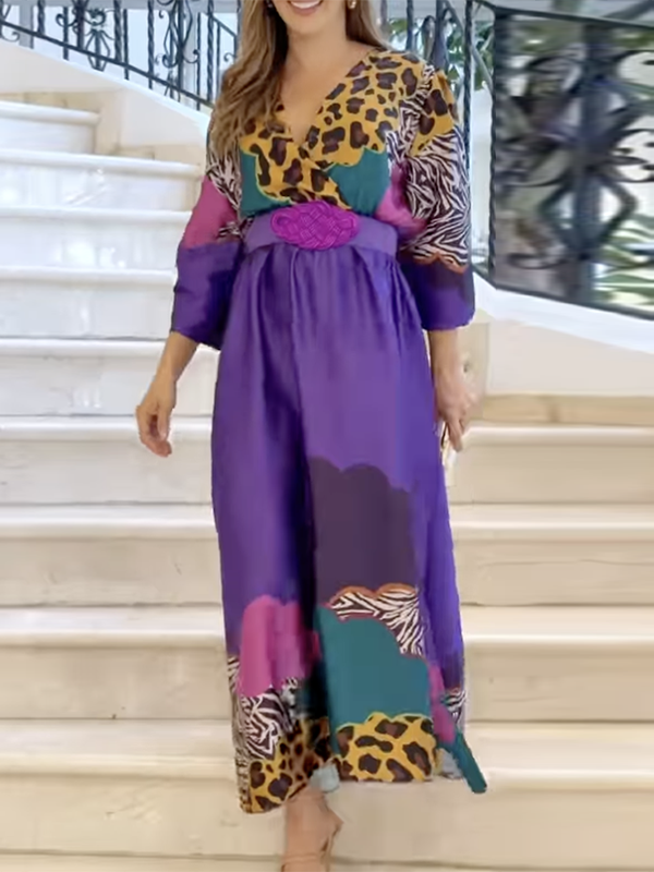 Leopard Long Sleeves Loose V-neck Maxi Dresses