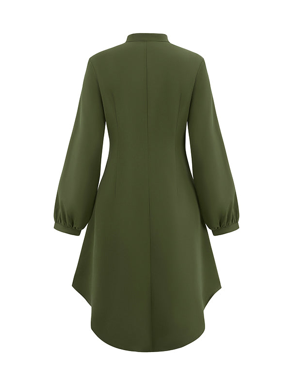 Buttoned No Belt Pleated Solid Color Long Sleeves Loose V-neck Shirt Dress Midi Dresses