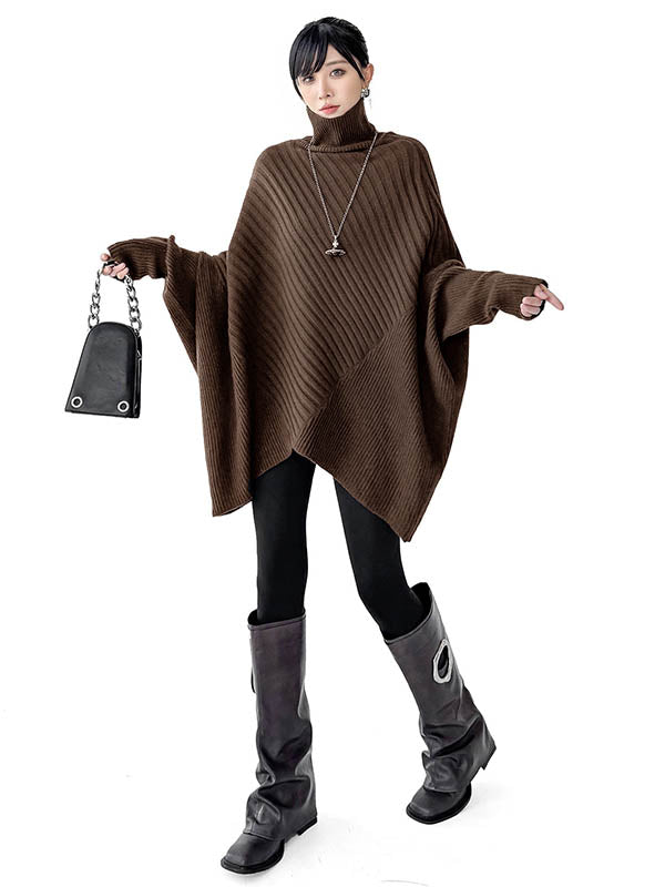 Asymmetric Ribbed Knit Solid Color Split-Joint Batwing Sleeves Irregularity High Neck Sweater Tops