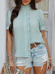 Buttoned Ruffle Trim Striped Loose Puff Sleeves Stand Collar Blouses&shirts Tops