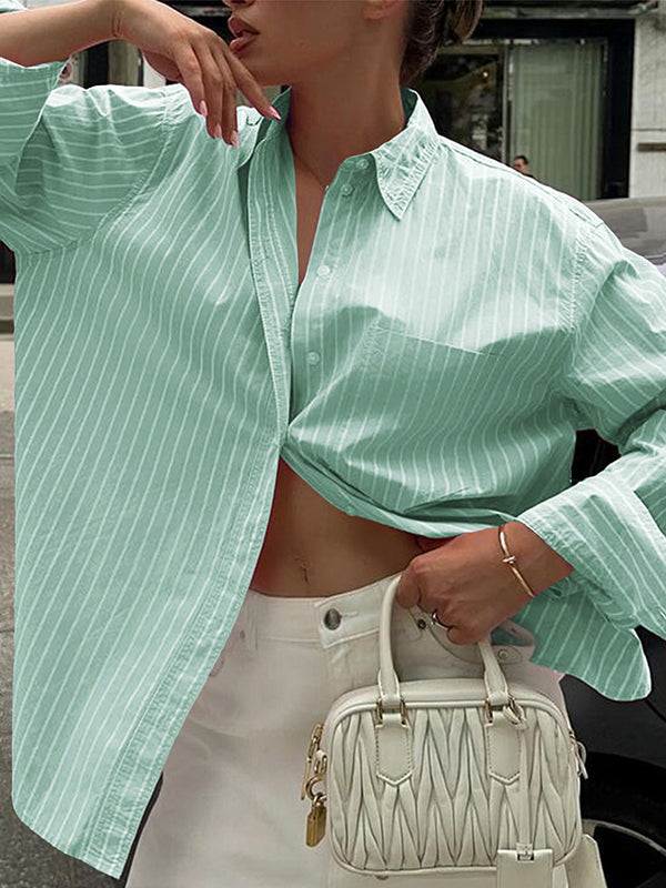 Buttoned Contrast Color Pockets Striped Long Sleeves Loose Lapel Blouses&Shirts Tops