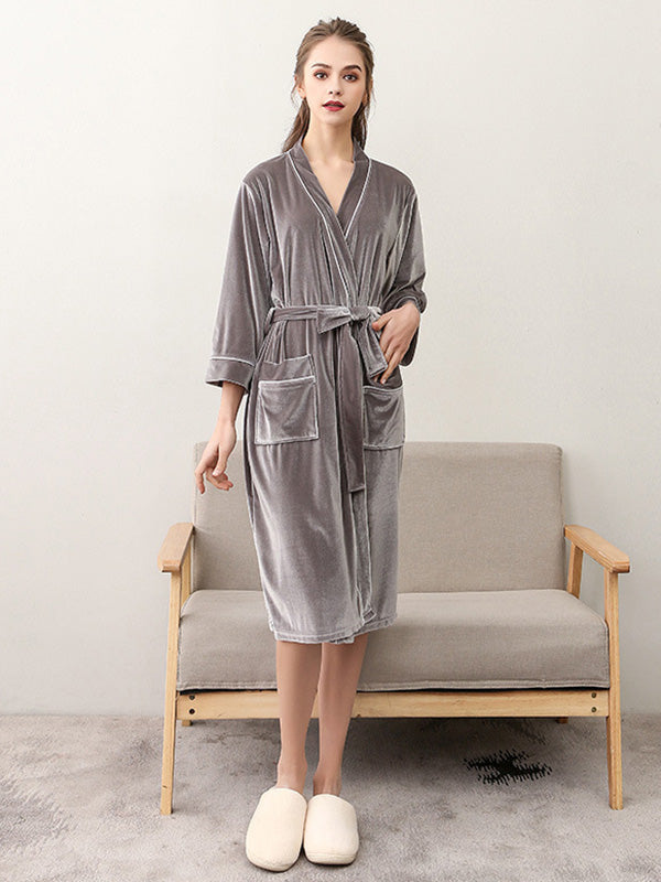 Comfortable Solid Bandage V-Neck Pajama Robe