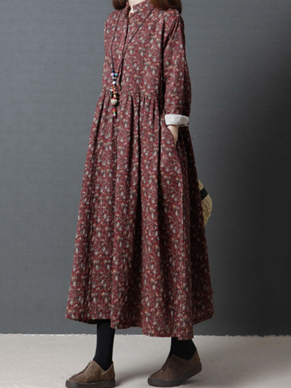 Vintage Floral Stand Collar Midi Dress