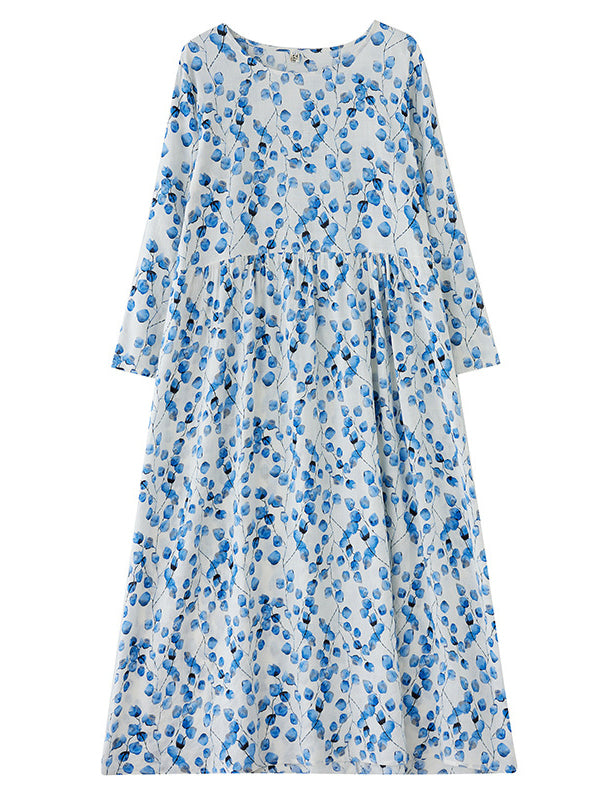 Flower Print Split-Joint Long Sleeves Loose Round-Neck Midi Dresses