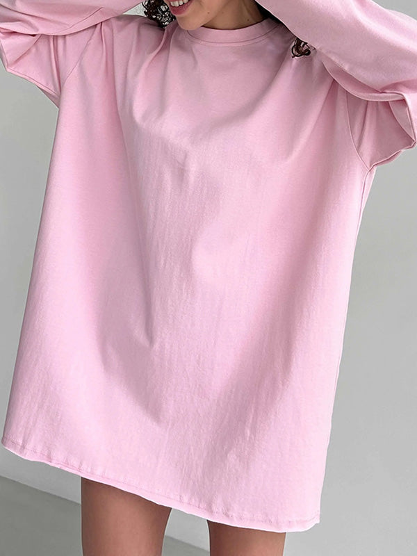 Solid Color Long Sleeves Loose Round-Neck T-Shirts Tops