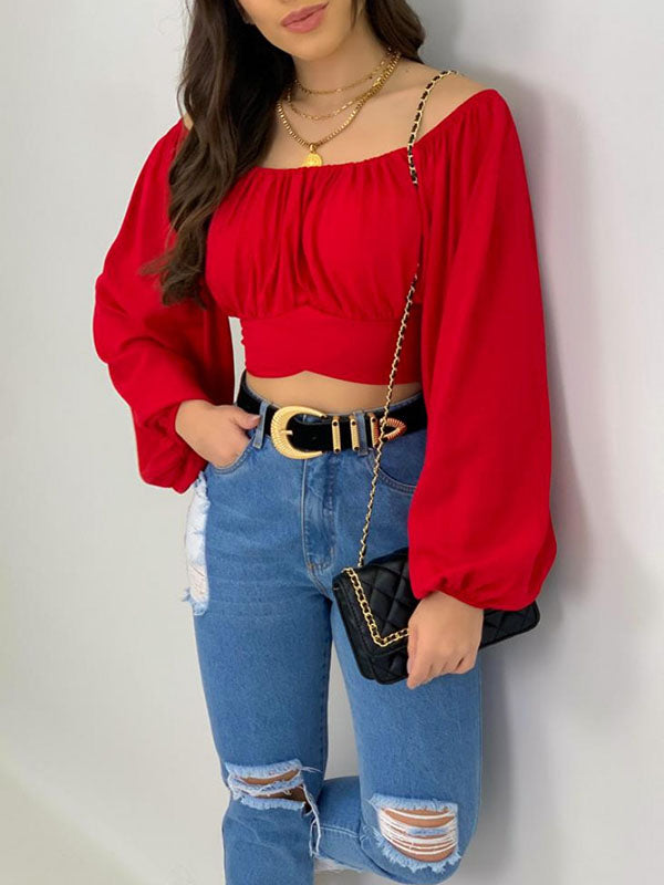 Elasticity Pleated Solid Color Long Sleeves Loose Off-the-shoulder Blouses